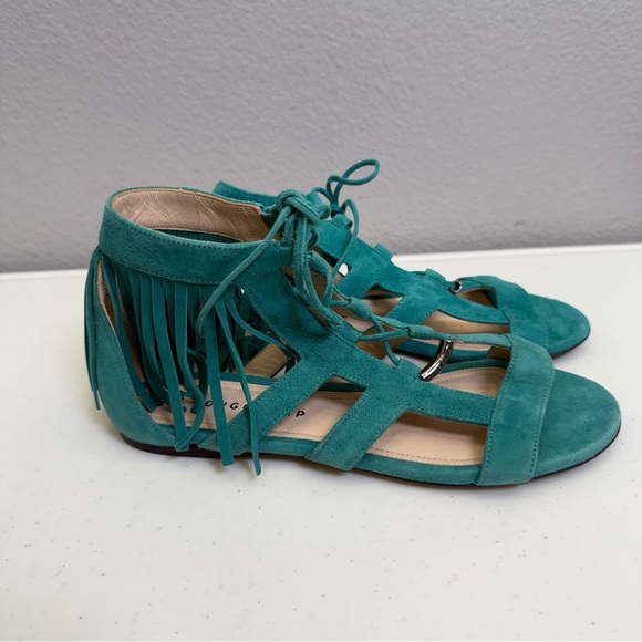 Longchamp Sandals Womens Size 7 Gladiator Green Suede Lace-Up New Boho Cowgirl - Picture 11 of 12